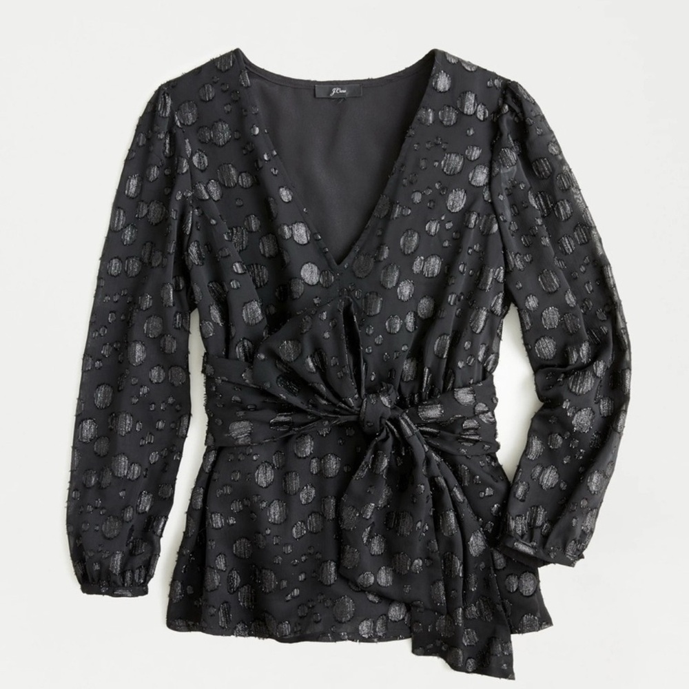 J.Crew Tie-Waist V-Neck Black Metallic Dot Jacquard Top XS